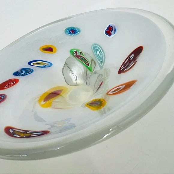 Vintage Lavorazione Murano Millefiori White Glass CenterPiece Bowl Italy